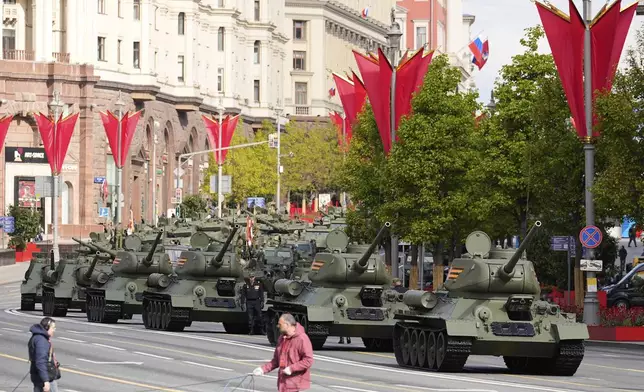 Soviet era T-34 tanks prepare to roll along Tverskaya street to attend a rehearsal for the Victory Day military parade in Moscow, Russia, on Wednesday, May 7, 2025. (AP Photo/Alexander Zemlianichenko)