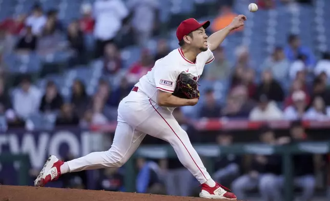 Los Angeles Angels starting pitcher Yusei Kikuchi delivers during the first inning of a baseball game against the Detroit Tigers, Thursday, May 1, 2025, in Anaheim, Calif. (AP Photo/Eric Thayer)