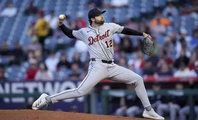 Detroit Tigers starting pitcher Casey Mize delivers during the first inning of a baseball game against the Los Angeles Angels, Thursday, May 1, 2025, in Anaheim, Calif. (AP Photo/Eric Thayer)