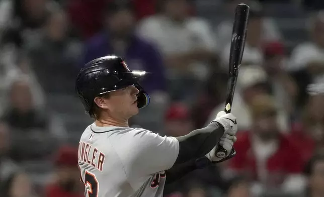 Detroit Tigers' Dillon Dingler hits a home run during the eighth inning of a baseball game against the Los Angeles Angels, Thursday, May 1, 2025, in Anaheim, Calif. (AP Photo/Eric Thayer)