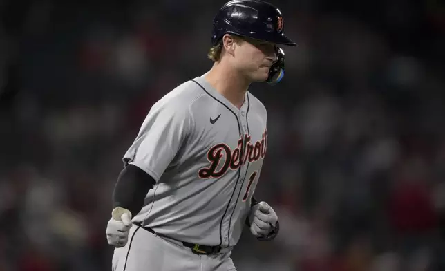 Detroit Tigers' Dillon Dingler runs the bases after hitting a home run during the eighth inning of a baseball game against the Los Angeles Angels, Thursday, May 1, 2025, in Anaheim, Calif. (AP Photo/Eric Thayer)