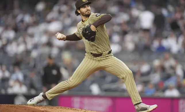 San Diego Padres' Dylan Cease pitches during the first inning of a baseball game against the New York Yankees Wednesday, May 7, 2025, in New York. (AP Photo/Frank Franklin II)