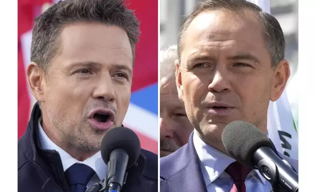 This combination of photos shows Rafal Trzaskowski, left, in Warsaw, Friday, May 9, 2025, and Karol Nawrocki, right, in Warsaw, Poland, Tuesday, May 20, 2025 (AP Photos/Czarek Sokolowski, File)