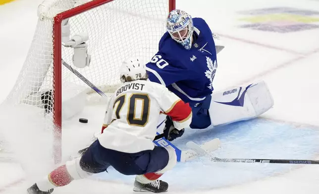 Florida Panthers' Jesper Boqvist (70) scores on Toronto Maple Leafs goaltender Joseph Woll (60) during second period NHL playoff hockey action in Toronto on Wednesday, May 14, 2025. (Frank Gunn/The Canadian Press via AP)
