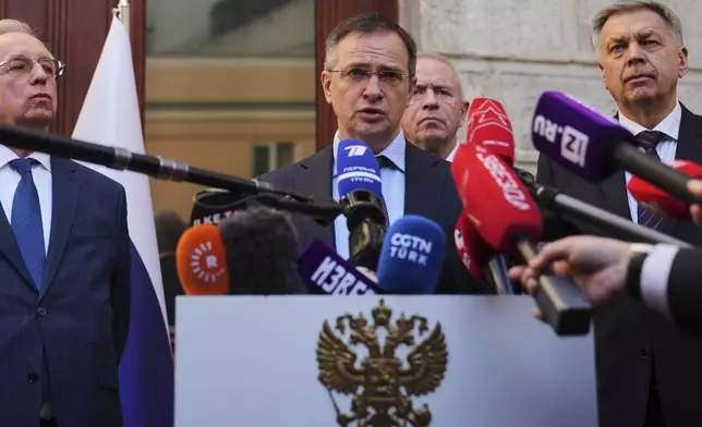 Russian presidential aide, Vladimir Medinsky, gives an statement to journalists at the Russian consulate in Istanbul, Turkey, Thursday, May 15, 2025. (AP Photo/Francisco Seco)