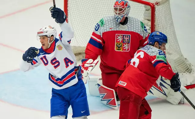 United States' Frank Nazar celebrates after scoring against the Czech Republic during a Group B match at the hockey world championships, Tuesday, May 20, 2025, in Herning, Denmark. (Bo Amstrup/Ritzau Scanpix via AP)