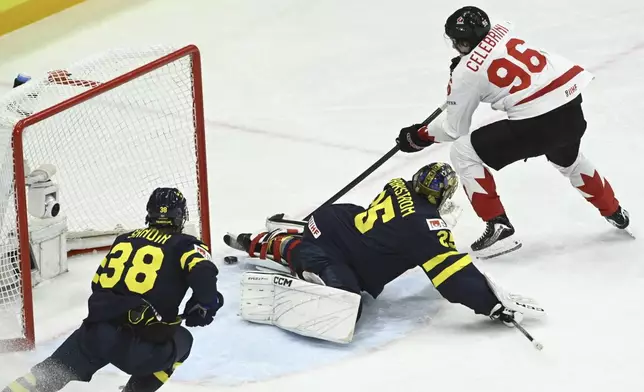 Canada's Macklin Celebrini (96) scores past Sweden's goalkeeper Jacob Markström during a Group A match between Sweden and Canada at the hockey world championships, Tuesday, May 20, 2025, at Avicii Arena in Stockholm, Sweden. (Fredrik Sandberg/TT News Agency via AP)