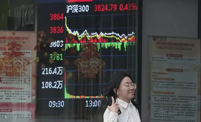 A woman passes by a stock index at a brokerage in Beijing, Wednesday, May 7, 2025. (AP Photo/Ng Han Guan)