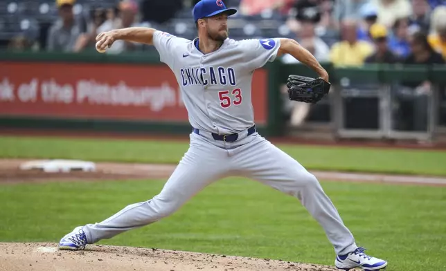 Chicago Cubs pitcher Colin Rea delivers during the first inning of a baseball game against the Pittsburgh Pirates in Pittsburgh, Thursday, May 1, 2025. (AP Photo/Gene J. Puskar)
