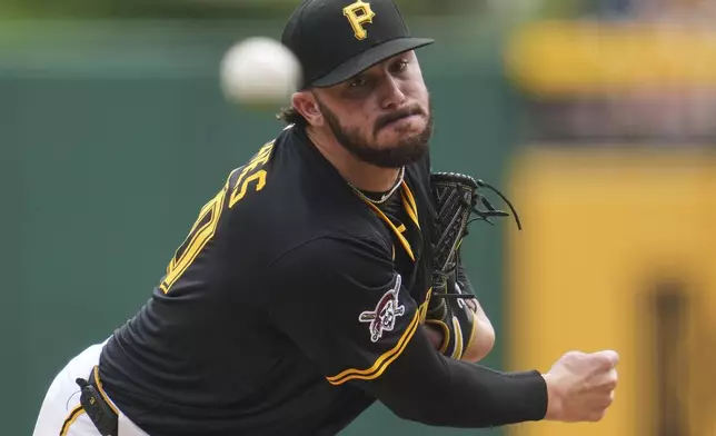 Pittsburgh Pirates pitcher Paul Skenes delivers during the first inning of a baseball game against the Chicago Cubs in Pittsburgh, Thursday, May 1, 2025. (AP Photo/Gene J. Puskar)
