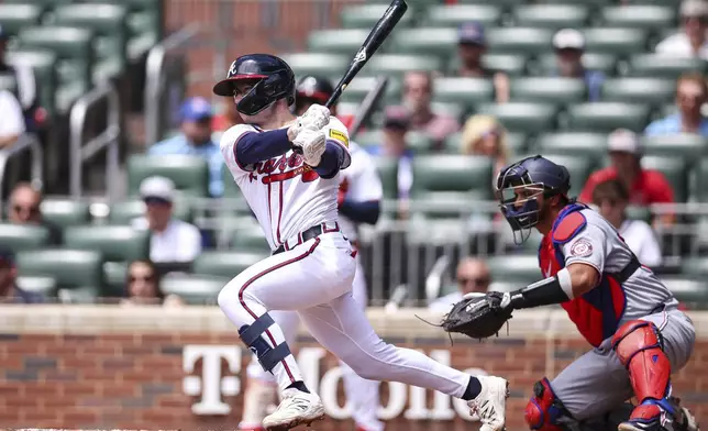 Atlanta Braves' Nick Allen drives in a run in the third inning of a baseball game against the Washington Nationals, Thursday, May 15, 2025, in Atlanta. (AP Photo/Colin Hubbard)