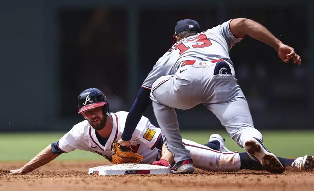 Atlanta Braves' Eli White steals second base in the third inning of a baseball game against the Washington Nationals, Thursday, May 15, 2025, in Atlanta. (AP Photo/Colin Hubbard)