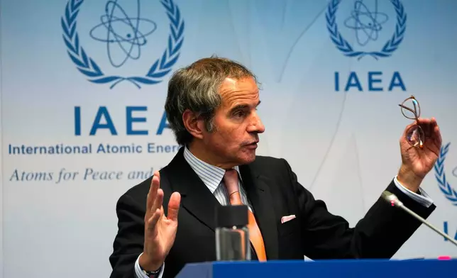 Rafael Mariano Grossi, the director-general of the International Atomic Energy Agency, speaks to journalists attending a weeklong seminar at the agency in Vienna, Austria, Wednesday, May 28, 2025. (AP Photo/Jon Gambrell)