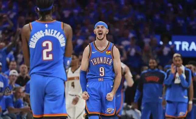 Oklahoma City Thunder's Shai Gilgeous-Alexander (2), Alex Caruso (9) and the bench celebrate late in the second half of Game 7 in the Western Conference semifinals of the NBA basketball playoffs against the Denver Nuggets, Sunday, May 18, 2025, in Oklahoma City. (AP Photo/Kyle Phillips)