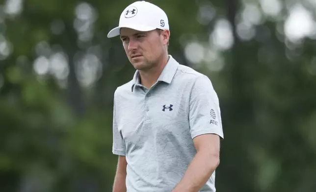 Jordan Spieth walks on the fairway of the 16th hole during the first round of the CJ Cup Byron Nelson golf tournament in McKinney, Texas, Thursday, May 1, 2025. (AP Photo/Gareth Patterson)