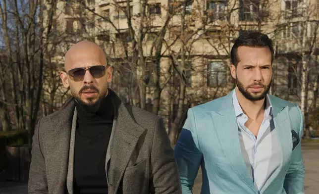 FILE - Andrew Tate, left, and his brother Tristan arrive at the Bucharest Tribunal in Bucharest, Romania, Feb. 1, 2024. (AP Photo/Vadim Ghirda, File)