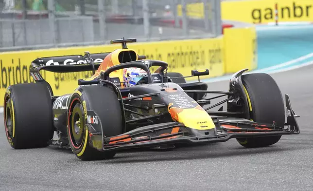 Red Bull driver Max Verstappen of the Netherlands steers his car during a practice session for the Formula One Miami Grand Prix auto race, Friday, May 2, 2025, in Miami Gardens, Fla. (AP Photo/Marta Lavandier)