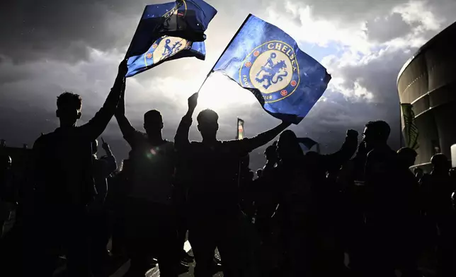 Chelsea fans arrive for the Europa Conference League final soccer match between Real Betis and Chelsea in Wroclaw, Poland, Wednesday, May 28, 2025. (AP Photo/Denes Erdos)