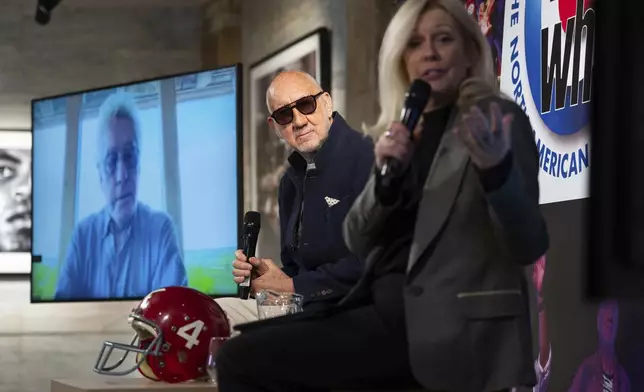 Roger Daltrey, left, Pete Townshend and Claire Sturgess during the announcement of ' The Who: The Song Is Over, The North American Farewell Tour' on Thursday, May 9, 2025, in London. (Photo by Scott A Garfitt/Invision/AP)