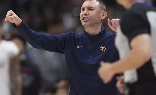 Denver Nuggets interim head coach David Adelman directs his team against the Oklahoma City Thunder in the second half of Game 6 in the Western Conference semifinals of the NBA basketball playoffs Thursday, May 15, 2025, in Denver. (AP Photo/David Zalubowski)