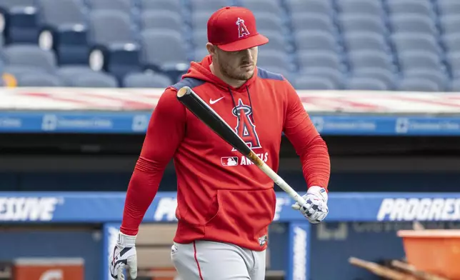 Los Angeles Angels' Mike Trout walks from the batting cage before a baseball game against the Cleveland Guardians, Friday, May 30, 2025, in Cleveland. (AP Photo/Phil Long)