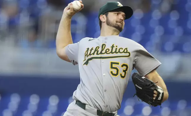 Oakland Athletics starting pitcher Gunnar Hoglund (53) throws during the first inning of a baseball game against the Miami Marlins, Friday, May 2, 2025, in Miami. (AP Photo/Lynne Sladky)
