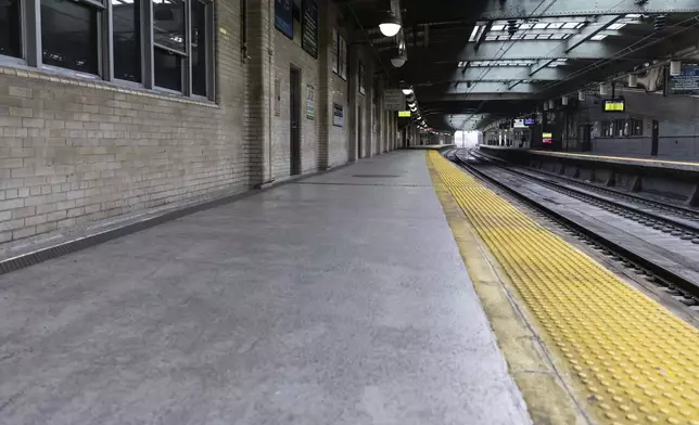 An empty PATH train platform inside Newark Penn Station on Friday, May 16, 2025 in Newark, N.J. (AP Photo/Stefan Jeremiah)