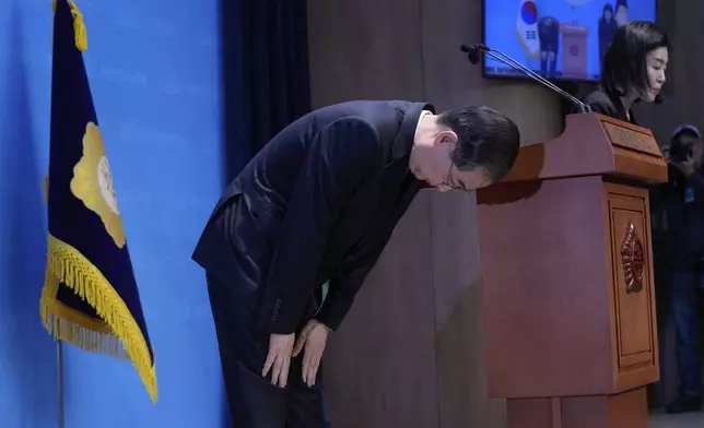 South Korean former Prime Minister Han Duck-soo bows after a press conference to announce a presidential bid at the National Assembly in Seoul, South Korea, Friday, May 2, 2025. (AP Photo/Ahn Young-joon)