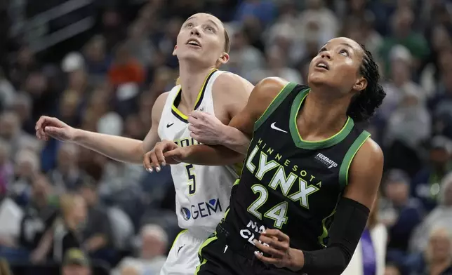 Dallas Wings guard Paige Bueckers (5) and Minnesota Lynx forward Napheesa Collier (24) watch for a rebound during the first half of a WNBA basketball game Wednesday, May 21, 2025, in Minneapolis. (AP Photo/Abbie Parr)