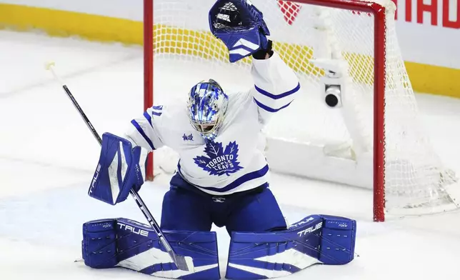Toronto Maple Leafs goaltender Anthony Stolarz (41) makes a save against the Ottawa Senators during the second period of an NHL playoff hockey game in Ottawa, Ontario, Thursday, May 1, 2025. (Sean Kilpatrick/The Canadian Press via AP)
