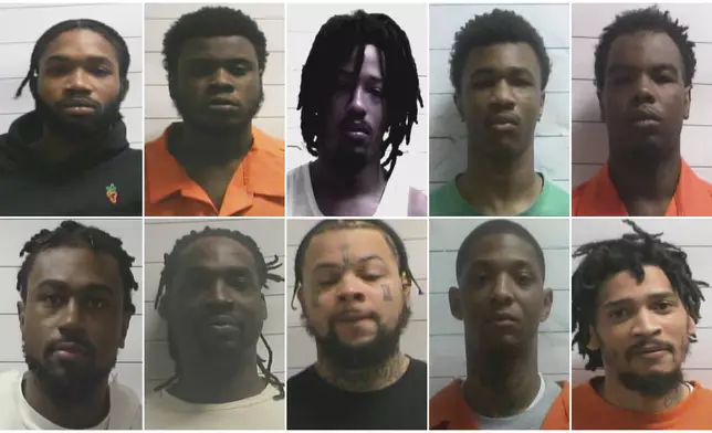 This combo from photos provided by Orleans Parish Sheriff's Office shows from left top: Dkenan Dennis, Gary C Price, Robert Moody, Kendell Myles, Corey E Boyd. Bottom from left: Lenton Vanburen Jr, Jermaine Donald, Antonine T Massey, Derrick D. Groves, and Leo Tate Sr. (Orleans Parish Sheriff's Office via AP)