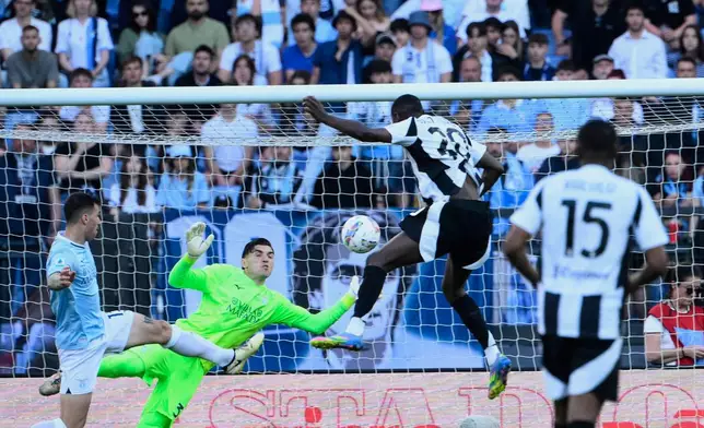 Juventus's Randal Kolo Muani scores during the Serie A soccer match between Lazio and Juventus at Rome's Olympic stadium, Saturday, May 10, 2025. (Fabrizio Corradetti/LaPresse via AP)