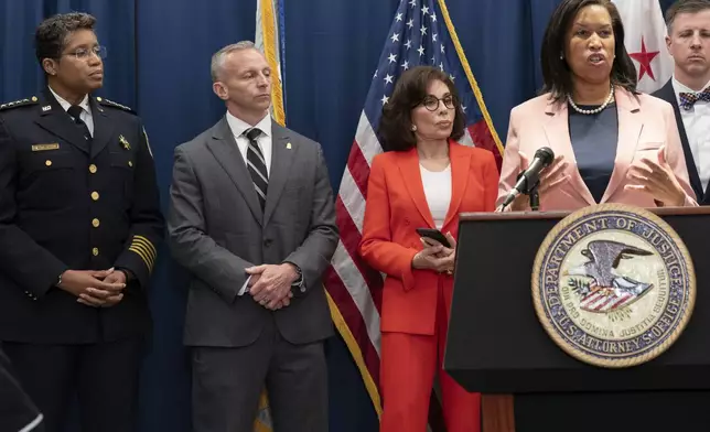 Mayor of the District of Columbia Muriel Bowser, right, accompanied by MPD Chief Pamela Smith, from left, FBI Assistant Director in Charge Steven J. Jensen and U.S. Attorney Jeanine Pirro, speaks during a news conference about two Israeli Embassy staffers shot at the Capital Jewish Museum in Washington, at the Attorney General's office for the District of Columbia in Washington, Thursday, May 22, 2025. (AP Photo/Jose Luis Magana)