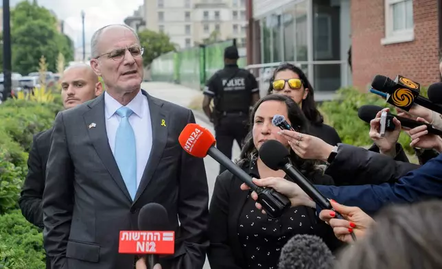 Israeli Ambassador to the U.S. Yechiel Leiter talks with reporters Thursday, May 22, 2025, after two staff members of the Israeli Embassy in Washington were killed outside the Capital Jewish Museum on Wednesday night, in Washington. (AP Photo/Rod Lamkey, Jr.)