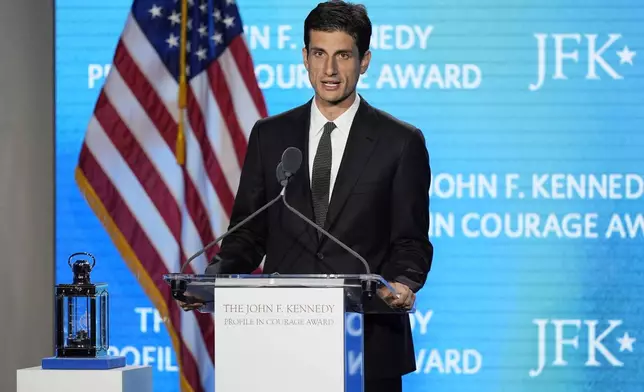 Jack Schlossberg speaks at the John F. Kennedy Profile in Courage Award ceremony at the JFK Library, Sunday, May 4, 2025, in Boston. (AP Photo/Robert F. Bukaty)