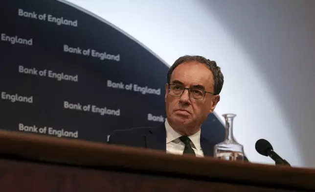 Bank of England Governor Andrew Bailey pauses, during the Monetary Policy Report press conference in London, Thursday, May 8, 2025. (Carlos Jasso/Pool Photo via AP)