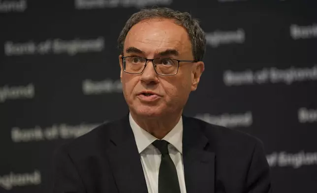 Bank of England Governor Andrew Bailey speaks, during the Monetary Policy Report press conference in London, Thursday, May 8, 2025. (Carlos Jasso/Pool Photo via AP)