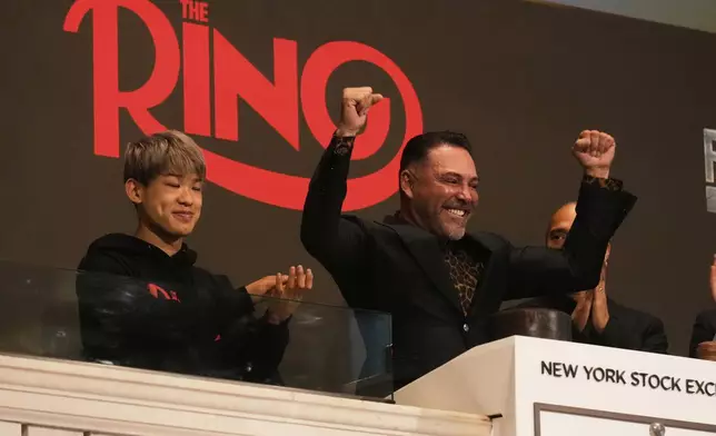 Oscar De La Hoya, Chairman &amp; CEO of Golden Boy Promotions, rings the New York Stock Exchange's opening bell, Friday, May 2, 2025. (AP Photo/Richard Drew)