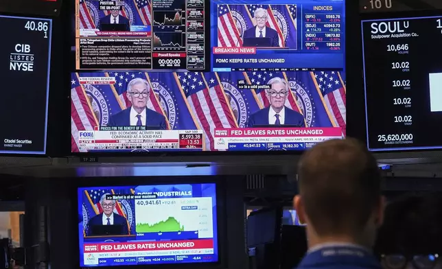 Screens on a trading post on the floor of the New York Stock Exchange show the news conference of Federal Reserve Chair Jerome Powell, Wednesday, May 7, 2025. (AP Photo/Richard Drew)