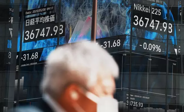 A person walks in front of an electronic stock board showing Japan's Nikkei index at a securities firm Thursday, May 8, 2025, in Tokyo. (AP Photo/Eugene Hoshiko)