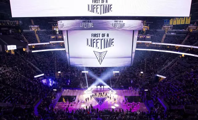 The Golden State Valkyries are introduced for a WNBA game against the Los Angeles Sparks at Chase Center in San Francisco, Friday, May 16, 2025. (Santiago Mejia/San Francisco Chronicle via AP)