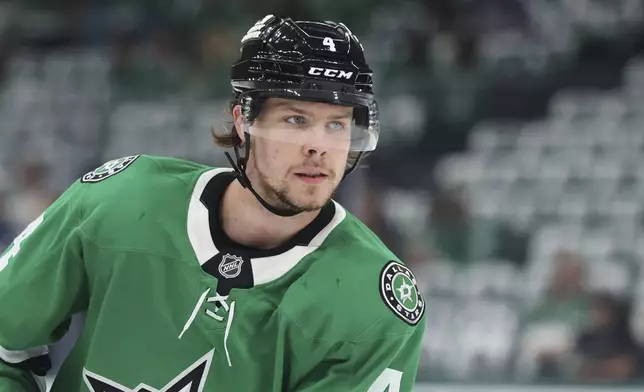 Dallas Stars defenseman Miro Heiskanen warms up before Game 4 of a second-round NHL hockey playoff series against the Winnipeg Jets in Dallas, Tuesday, May 13, 2025. (AP Photo/Gareth Patterson)