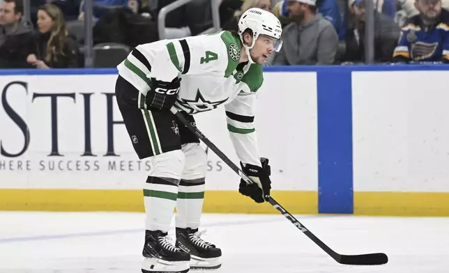 FILE - Dallas Stars' Miro Heiskanen (4) looks on against the St. Louis Blues during the first period of an NHL hockey game on Jan. 25, 2025, in St. Louis. (AP Photo/Joe Puetz, File)