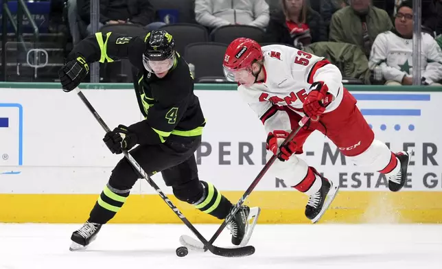 FILE - Carolina Hurricanes right wing Jackson Blake (53) trips while competing for the puck against Dallas Stars' Miro Heiskanen in the second period of an NHL hockey game in Dallas, Jan. 21, 2025. (AP Photo/Tony Gutierrez, File)