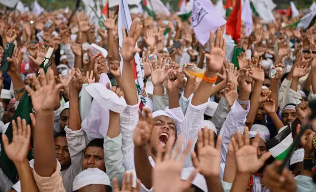 Thousands of activists of Islamist group Hefazat-e-Islam denounce proposed recommendations for equal rights for Muslim women, at a protest rally in Dhaka, Bangladesh, Saturday, May 3, 2025. (AP Photo/Mahmud Hossain Opu)