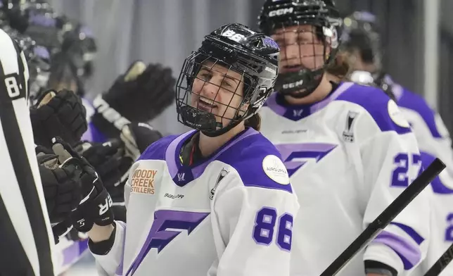 Minnesota Frost's Michela Cava (86) celebrates after scoring against the Toronto Sceptres during second-period PWHL playoff hockey game action in Toronto, Friday, May 9, 2025. (Frank Gunn/The Canadian Press via AP)
