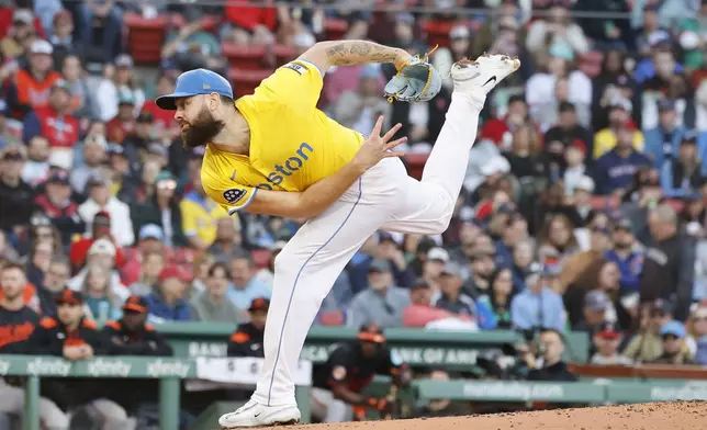 Boston Red Sox starter Lucas Giolito follows through on a pitch during the second inning of the second baseball game of a doubleheader against the Baltimore Orioles, Saturday, May 24, 2025, at Fenway Park in Boston. (AP Photo/Mary Schwalm)