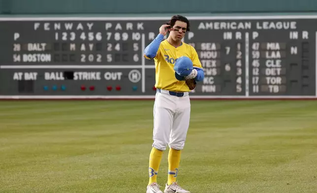 Boston Red Sox third baseman Marcelo Mayer stands in the field before the second baseball game of a doubleheader against the Baltimore Orioles, Saturday, May 24, 2025, at Fenway Park in Boston. (AP Photo/Mary Schwalm)