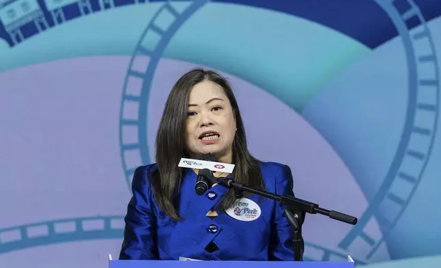 Rosanna Law, secretary for Culture, Sports and Tourism of Hong Kong, speaks during the naming ceremony of the Hong Kong-born giant panda twin cubs Jia Jia and De De in Hong Kong, Tuesday, May 27, 2025. (AP Photo/Chan Long Hei)