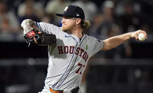Houston Astros pitcher Josh Hader delivers to the Tampa Bay Rays during the ninth inning of a baseball game Monday, May 19, 2025, in Tampa, Fla. (AP Photo/Chris O'Meara)
